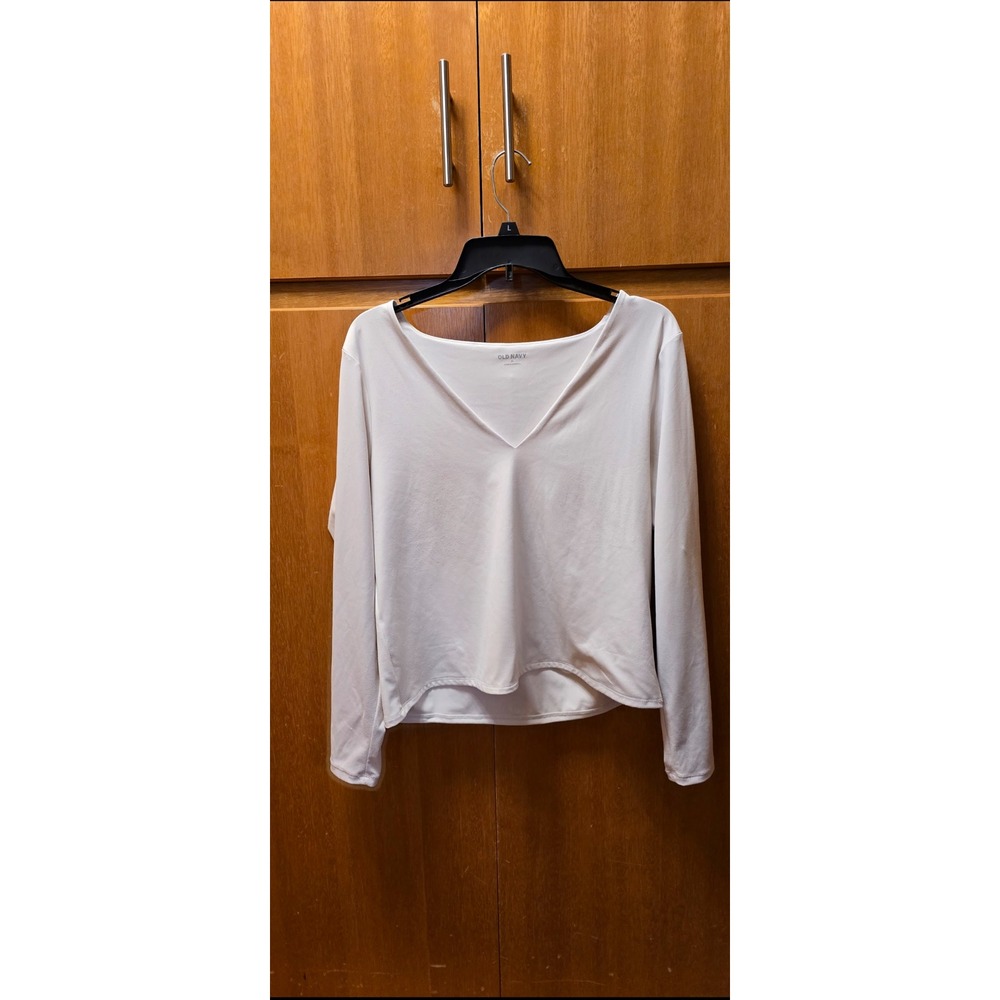 Old Navy V-Neck Top Womens XL White Long Sleeve‎ Jersey Knit Casual Basic